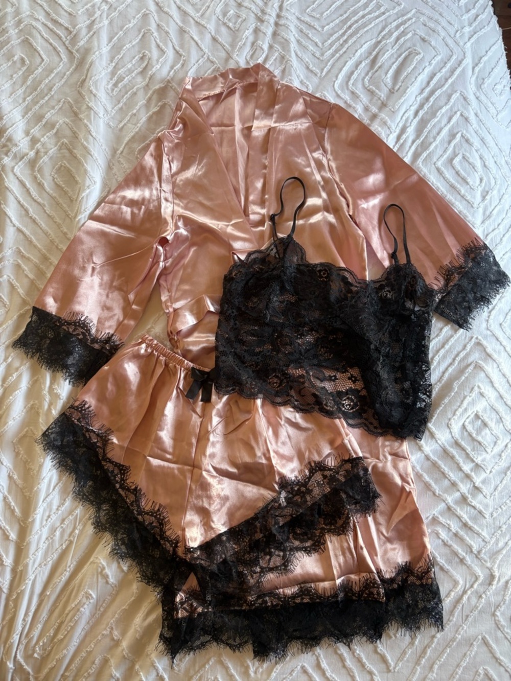 Silky Rose Pink Lace-Trim Sleep Set with Black Lace Bralette